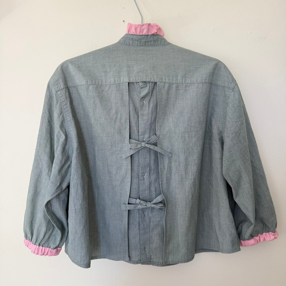 H&M Button Up Upcycled Shirt into Womens XL Green Pink Ruffle Collar Bow Back